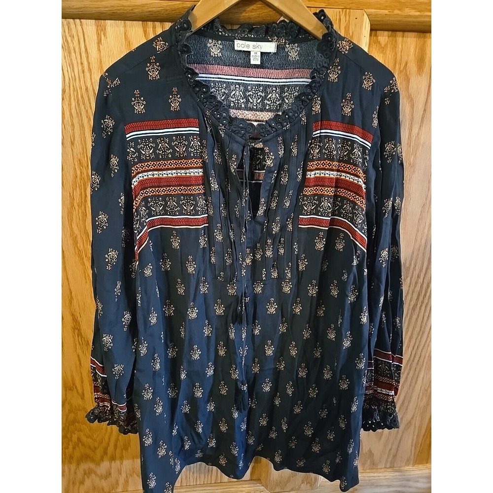 Pale Sky Peasant Top Womens 1X Long Sleeve Woven Navy Blue